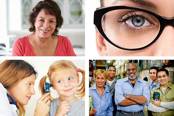 A set of four pictures featuring a senior hispanic woman, a close up of a womans eye with glasses on, a doctor looking in a childs ear, and a group of warehouse workers.